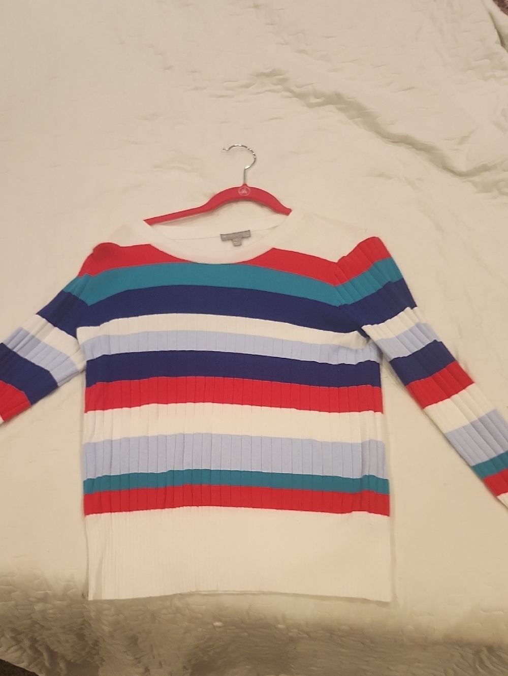 Ribbed Multicolor Stripe Crewneck Sweater - White/Red/Blue